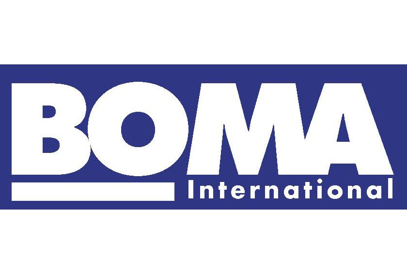 Boma international logo on a blue sheet metal background.
